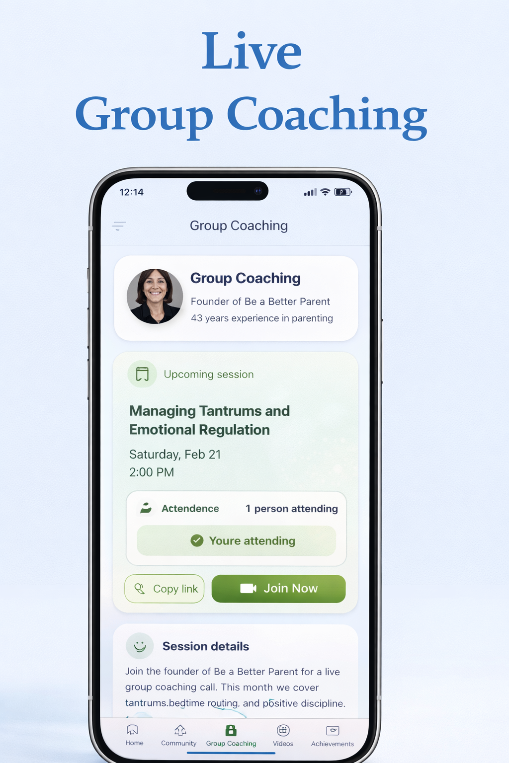 Live group coaching sessions screen